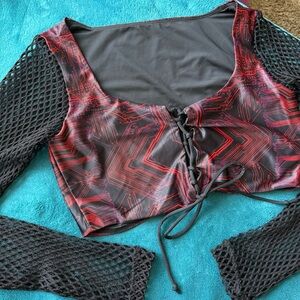 iheartraves red and black cyber fishnet lace up crop top